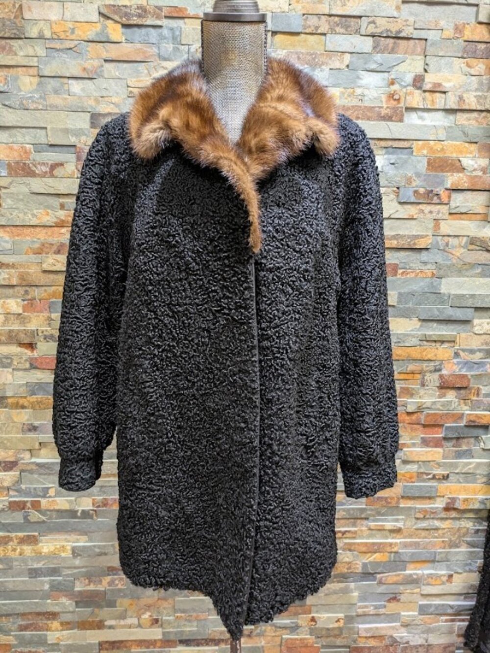 Black Persian Lamb Stroller with Whisky Ranch Mink Collar, Large Real Fur Coat